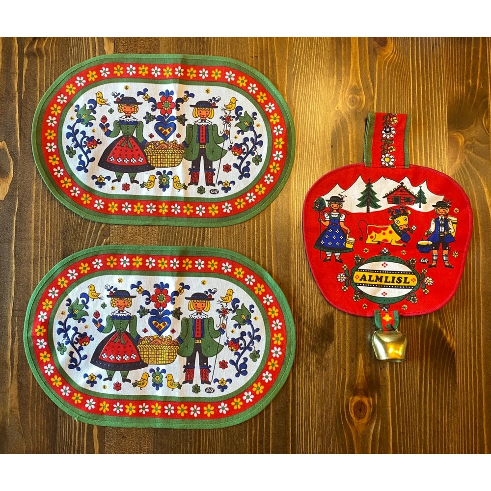 Vintage Kolf Austria Folk Art Placemats and Wall Hanging Bell Set Cotton Red